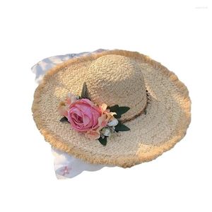 Cappelli larghi Brim Natural Rafia Sun Designer Flower Beach Womenne Travel Paglieble Hat PO Shoot Chapeau Homme Sombrero