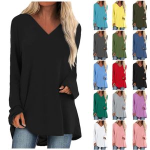 Magliette da donna maglietta estiva moda moda casual maniche lunghe a v-scollo a colore solido camicetta media sciolta