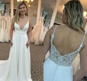 Elegancka satyna z kości słoniowej Suknie ślubne Linia Plus V Neck z paskami koronkowymi koralikami Boho proste sukienki ślubne Court Train Reception Rabi de Mariee Cl3554