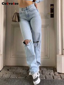 Kvinnor Pants Capris Cotvotee Tear Womens Jeans 2022 Fashion Hole High midja Retro Street Loose Y2K full längd Q240508