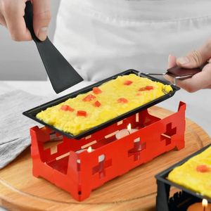 Ny metallkolstål miniost raclette non-stick beläggning ljus med spatel kockuppsättning uppvärmd bakbricka fällbart handtag bröd- för miniostvärmare