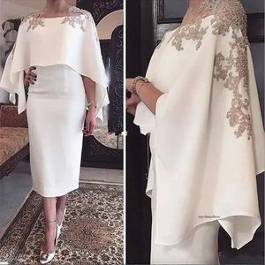 New White Satin tail Evening Dresses With Wrap Appliques Tea Length Sheath Dubai Ocn Formal Party Gown Custom Made 0509