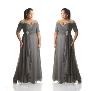 Grey of Bride Plus Size Off the Shoulder Cheap Chiffon Prom Party Gowns Long Mother Groom Dresses Wear Wedding Guest Dress 0509