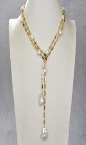 مجوهرات Guaiguai مثقف Keshi Pearl Rectanle Cz Pave Stain Necklace 50quot Long Necklace Handmade for Women Gems st8621853