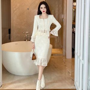Work Dresses Slim Lace Dress Two-piece Square Collar Blouse And High Waist Midi Autumn Winter White For Women Classy