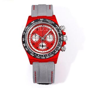 Top stilvolle automatische mechanische selbstwickelnde Chronographen Watch Männer Schwarz weiß rotes Zifferblatt 40 mm klassisches Kohlefaser Armbanduhr Casual Leather Handband RX46