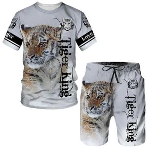 Men's Tracksuits Tiger Animal 3D Print T-Shirt Summer Strt Tracksuit Short Slve Mens Clothing Round Men Shorts Neck Casual Tops Pants Set T240507