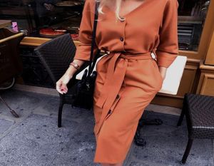 Tasarımcı Seksi V Boyun Sonbahar Uzun Kollu Kadınlar Elbise Bayanlar Kanat Düğmesi Günlük Ofis Elbise Midi Elbise Vintage1507950