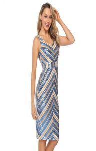 Seksowne kobiety039s Deep Vneck Striped Szyging Casual Casual Dress jasnoniebieski sukienka na imprezę w Europie i Ameryce3850308