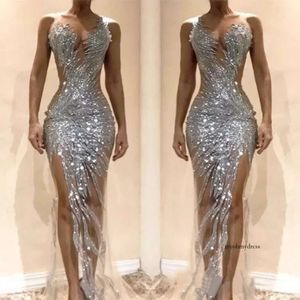 Sexig Sier Sequined Mermaid Prom Dresses Front Split See Through Evening Gown Special OCN Party Dress 0509