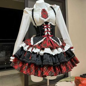 Grundläggande casual klänningar Tvådelklänning Plaid Patchwork Design Y2K Lolita Dress Set Halloween Uniform Kawaii Mini Ski Rollspel Anime Three Piece Womens Wearl2405