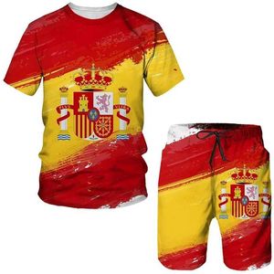 Herrspårspår Spanien Flagg 3D-tryck Män Short Slve Set Men Tracksuits Färgglada roliga 2st Sweatshirt Loose O-Neck T-shirt Set Men Clothes T240507