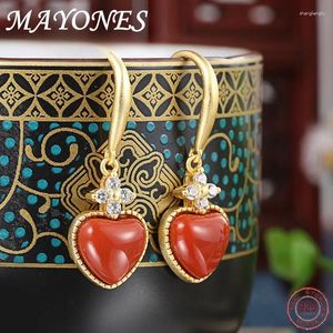 Dangle Earrings S925 Sterling Silver Gold-Plated Inlaid South Red Agate Love for Women's Thirce Jewelry