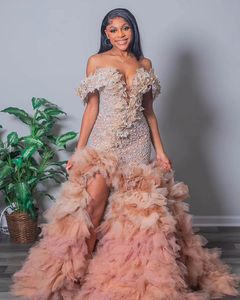 2024 Arabo Aso EBI Champagne Mermaid Prom Dresses in pizzo Crystals Crystals Lussuoso Abiti da sera da sposa Dress Vestidos de Nolia