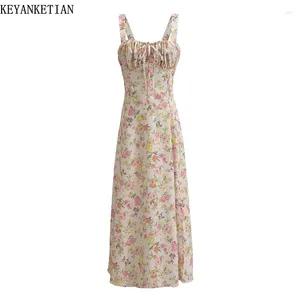 Casual Dresses KEYANKETIAN 2024 Launch Pastoral Style Holiday Wind Flower Print Slip Dress Women's Lace Up Slash Neck Sweet Slim MIDI