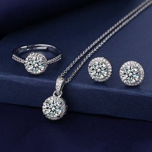 Solitaire Lab Diamond Jewelry set 925 Sterling Silver Party Wedding Rings Earrings Necklace For Women Bridal Moissanite Jewelry 3044