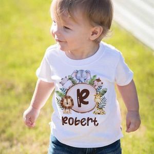 T-Shirts Personzed Doğum Günü Gömlek Safari Hayvanlar Baskılı T-shirt Boys Vahşi Doğum Günü Partisi T Shirt Kdis Başlangıçta İlk Giysiler Üstleri T240509