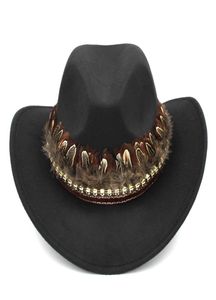 Moda erkek kadın yün harman batı kovboy caz şapkası geniş brim sombrero vaftiz babası caps caps cowgirl tüy grubu ile kafatas2062136
