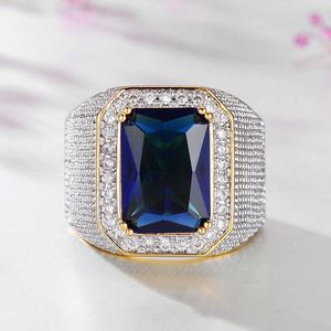 New diamond ring Hip Hop Gold domineering square blue male ring