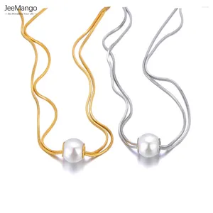Цепочки Jeemango Double Layer Chain 16 мм имитация жемчужной нержавеющей стали Свадебное ожерелье для женщин с золотой jn23042