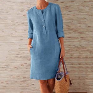 Casual Dresses Boho Dress Round Neck Buttons Solid Women's Half Sleeves Loose Simple Classic Daily Cotton Linen 2024