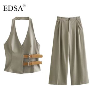 EDSA Women Elegant Grey Belted Halterneck Waistcoat Top High Waist Wide Leg Pleated Trousers 2024 Summer 2 Pcs Set Streetwear 240429