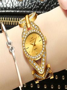 Kobiety Złote Luksusowe Asymetryczne Świecące Bransoletki zegarki z okrągłym tarczą Crrju Ladies Diamentowy zespół zegarowy sport