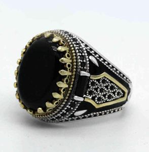 Natural Black Agate Stone for Men 925 Sterling Silver Golden Crown King Male Ring Vintage Turkish Handmade Jewelry Gift2066404