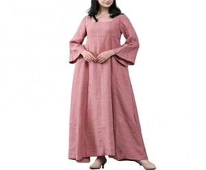 Vestidos casuais 2021 Mulheres retro elegantes Manga longa o Pescoço de cor sólido linho de algodão grande algodão PLUSTEMING8732852