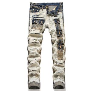 Mäns jeans Nya hösten 2023 Street Trend Color Matching Multi Pocket Tear Mid midja Ultra Thin Elastic Pencil Pants Q240509