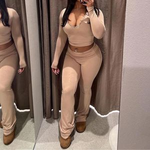 Women's Two Piece Pants Puloru Spring 2 Top Suits For Women Casual Streetwear Lace Trim Low Cut Long Sleeves Crop Tops Elastic Flared