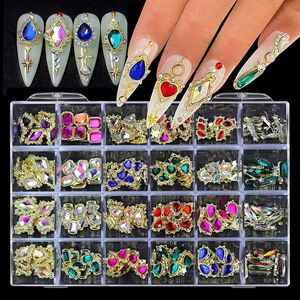 24 Grid Luxury Nail Charms Gold Silver Eloy Shiny Rhinestones Diamond Crystal DIY Jewelry Art Decoration Accessories Set 240509