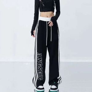 Kvinnor Pants Streetwear Women Haruku randiga Sweatpants Spring Summer Loose Casual Wide Leg Elastic Midje Jogging Black Sports Trousers