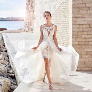 2021 Appliques Knee Length Bohemian Dresses With Detachable Train Beach Wedding Dress Sheer Bateau Neck Backless Boho Bridal Gowns 0509