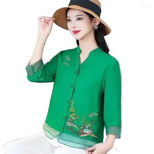 Blusas femininas bordando camisa bordada china cardigã moda a idade redutora blusa de alta qualidade temperamento de cunhados de cunhados femininos da primavera e