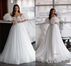 Dubai Arabic Puffy Lantern Sleeves A Line Wedding Dresses Sexy Sweetheart Lace Glitter Sequined Bridal Gowns Long Modest Reception Party Dress For Bride 0509