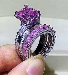 2020 Neue meistverkaufte Luxusschmuck 925 Sterling -Silber -Paar Ringe Eiffel Tower Prinzessin Pink Sapphire Frauen Hochzeit Brautring6928916
