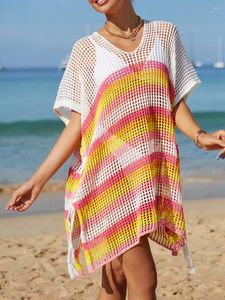 Summer Seksowna damska wakacyjna druk w paski w paski bikini pokrywki plażowe dzianinowe puste sukienka z rękawem nietoperzy