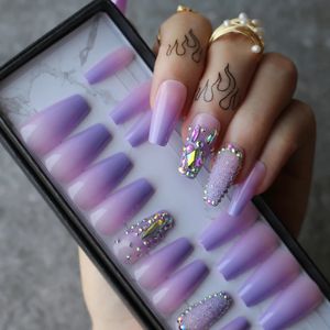 Box gift ombre Purple Lavender coffin false nails Crystal design caviar Shaped drill Trapezoid fake Custom 240509