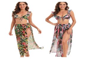 Unlimon Bathing Suits For Women Three Pieces Sexig Bikini Swimsuit Cover Up Womens Tropical Print Ruffle Plus Size Swim Wear Cover 9983816