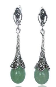 Sällsynt 925 Sterling Silver Natural Green Gem Beads Marcasite örhängen 145quot1973820