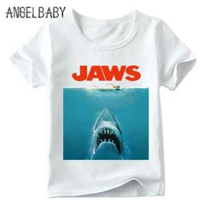 T-Shirts Childrens Fashion Jaws Film gedruckt T-Shirt Sommer Kinder Casual Short Sleeved Top Jungen/Mädchen Lustige T-Shirtl240509