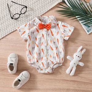 Rompers Roupa de Páscoa infantil menino de menina curta Manuse de macacão de macacão de mangas curtas Camisa de vestido estampada H240508