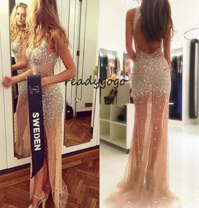 Sexy Split Illusion Backless prom Dresses V Neck Sleeveless Crystal Beaded Tulle Champagne Nude Sparkle Pageant Dresses Evening Go7814837