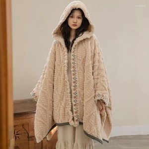 Women's Sleepwear Vintage Coral Velvet Pajamas Cardigan Autumn Winter Loose Medium-length Shawl Thicken Warm Hooded Cape Robe Loungewear For