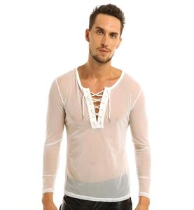 Men Lace Up Mesh See Through Long Sleeve TShirt Top Sexy Club Wear Costumes Undershirts Sheer Fishnet Transparent Tops Tees Men7687039