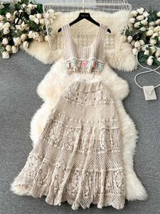 Two Piece Dress SINGREINY Bohemian Vintage Knit Suits Tank Tassels Crop Tops+Loose Hooked Hollow Out Skirt Fashion Women Summer Chic Beach Sets Y240508