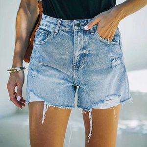 Kvinnors shorts sommar elastiska kvinnor denim shorts hög midja passar casual mode lösa rippade blå damer hotpants shorts 2023 ny y240504