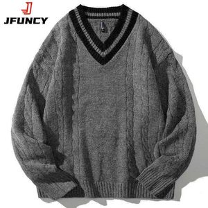 Men's Sweaters JFUNCY mens winter knitted sweater oversized mens black patterned V-neck jumper mens retro striped knitted mens clothingL2405