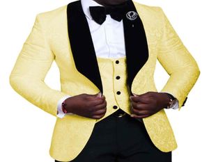 Amarelo Chawl Black Lapela Ternos de Casamento para Mens Jacquard Floral Jacquard Com calça